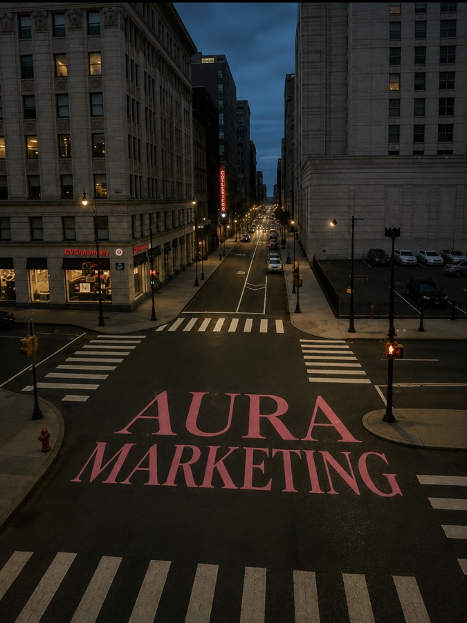 Napis Aura Marketing na križišču v mestu ob mraku